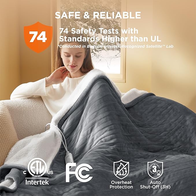 Bedsure Heated Blanket Throw Blanket - Fast Heating Electric Blanket, Soft Flannel Heated Throw with 4 Time Settings, 6 Heating Settings, Warm Gifts for Grandma & Grandpa (50x60 inches, Grey)