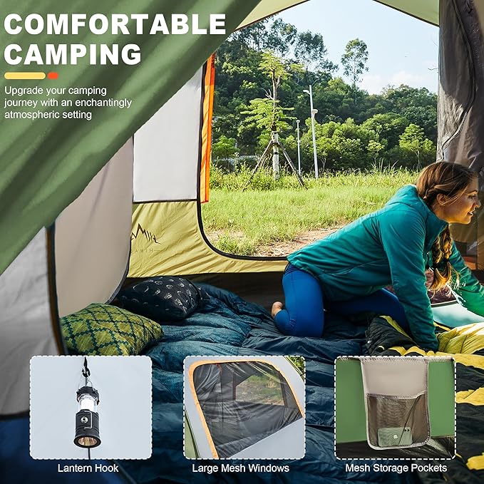 SUV Tent for Camping, Waterproof PU3000mm Spacious Double Layer Design for 5-8 Person, Includes Rainfly and Storage Bag, 8FT L x 8FT W x 7.2FT H Green