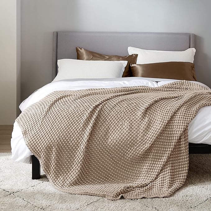Bedsure Cooling Cotton Waffle Full Size Blanket - Lightweight Breathable Blanket of Rayon Derived from Bamboo for Hot Sleepers, Luxury Throws for Bed, Couch and Sofa, Taupe, 80x90 Inches