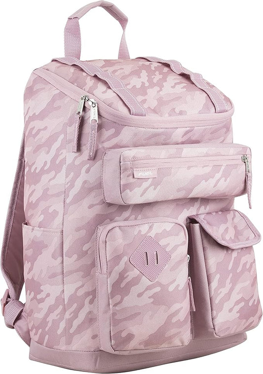 FUEL Multi-Pocket Cargo Travel Backpack Luggage Bag with Top-Loader Entry, Pink Camo
