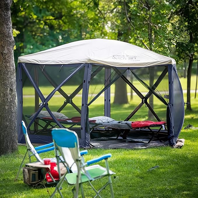 CLAM Escape 11.5' Pop-Up Screen Tent – Blue Outdoor Camping Gazebo Canopy with No-See-Um Mesh, Carry Bag & Stakes – 6-Sided Portable Shelter for Camping, Picnics, & Events – Fast 45-Second Setup