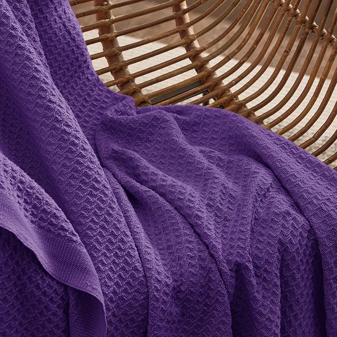 Bedsure Gentlesoft 100% Cotton Blanket King Size for Bed - Breathable and Soft, Waffle Weave Blanket for Summer, Thick Cozy Fall Blankets for Women Gift, Purple, 104x90 inches