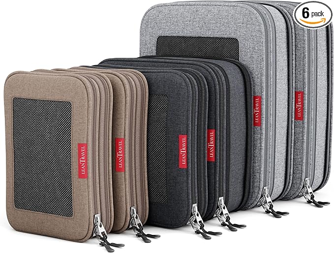 LeanTravel Premium Compression Packing Cubes for Travel - Luggage Organizers with Double Zipper - Sturdy Bags for Suitcase (6-Pack, Grey, Black, Brown)