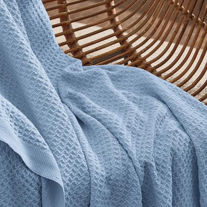 Bedsure Gentlesoft 100% Cotton Large Throw Blanket for Couch 50x70 inches - Breathable and Soft, Waffle Weave Throw Blanket for Office, Sky Blue