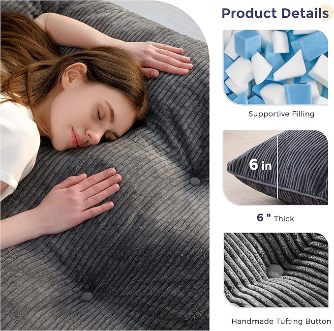 MAXYOYO 6" Japanese Floor Mattress, Foldable Futon Mattress Queen Size, Tufted Roll Up Floor Bed, Thick Tatami Mat Sleeping Pad Portable Lounger for Camping Guest Room Dormitory Bedroom RV, Dark Grey
