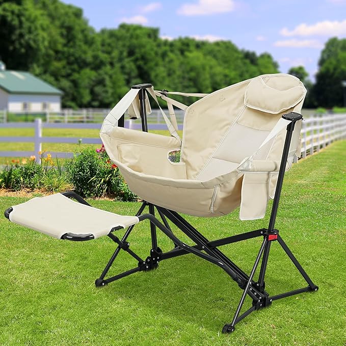 Ainfox Hammock Camping Chair with Footrest, Heavy Duty Foldable Portable Rocking Hammock Chairs Outside Swinging Camp with Cup Holder Pillow for Outdoor Patio Poolside Beige 2 Pack