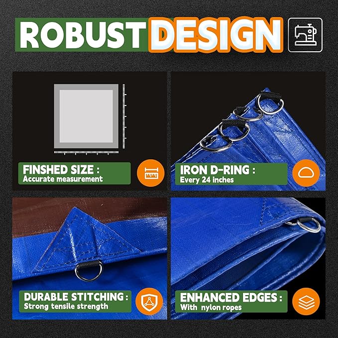 RAINDEWAY Tarp 20x25 Feet Heavy Duty Tarps 14 Mils with Metal Rings and Reinforced Corners and Edges,Waterproof,UV Resistant, Multipurpose Poly Tarp,Blue/Brown tarp