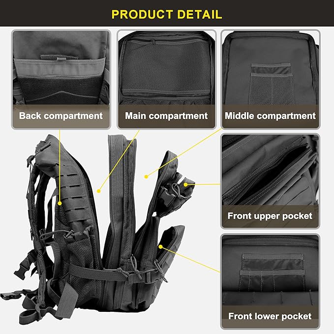 Zavothy 45L Military Tactical Backpack, Army 3-Day Assault Pack Bug Out Bag for Hiking Camping | Army, Bag, Large Rucksack, with Molle System