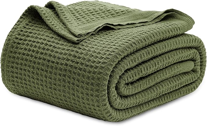 Bedsure Gentlesoft 100% Cotton Blanket Queen Size for Bed - Breathable and Soft, Waffle Weave Blanket for Summer, Thick Cozy Fall Blankets for Women Gift, Olive Green, 90x90 Inches