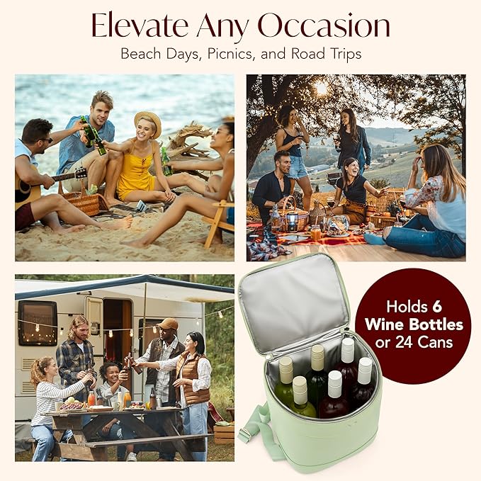 Insulated Cooler Backpack with 2 Stainless Steel Wine Tumblers – Leakproof & Spillproof Stylish Vegan Leather Picnic Cooler Bag – Lightweight & Portable – Holds 24 Cans or 6 Wine Bottles