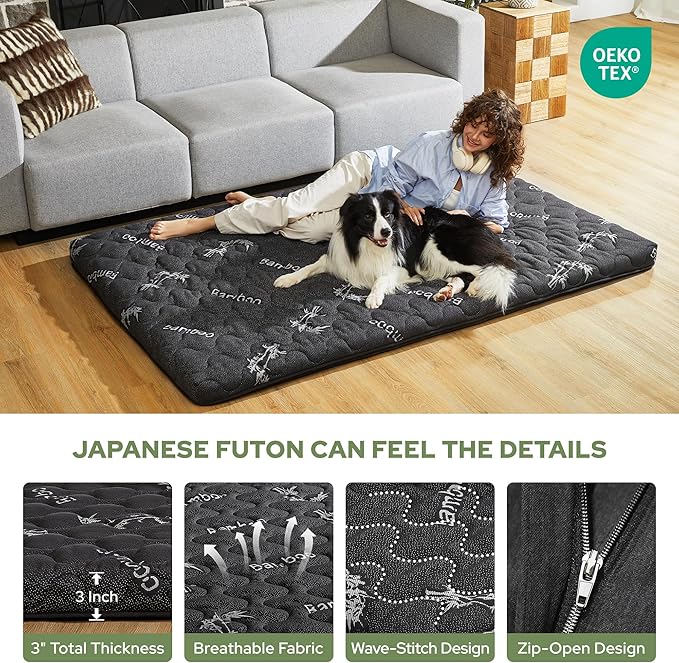 Japanese Floor Mattress Futon Mattress Twin Size Viscose Derived from Bamboo, 3" Thick Tatami Mat with High Density Foam, Foldable & Portable Floor Lounger Bed, Roll Up Sleeping Pad, Guest Room