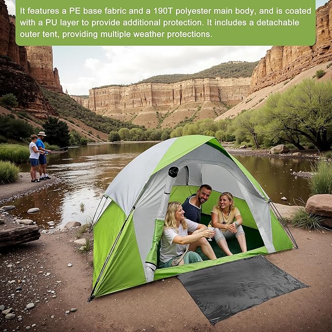 XL 6 Person Dome Camping Tent, Double Layer Waterproof, Removable Rain Fly, for Outdoor Hiking, Fishing (6 People Green)