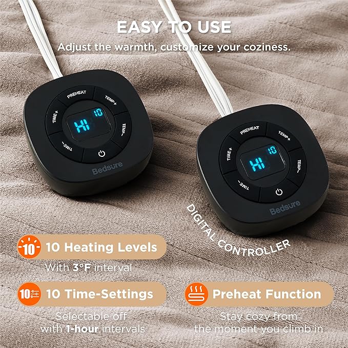 Bedsure Electric Blanket Queen Size - Dual Control Heated Blanket Queen, Fast Heating with 10 Time Settings & 10 Heat Settings, Warm Gift for Grandma (84x90 inches, Taupe)