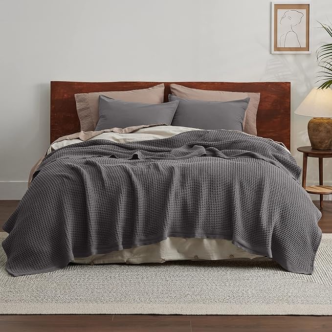 Bedsure Gentlesoft 100% Cotton Blanket Queen Size for Bed - Breathable and Soft, Waffle Weave Blanket for Summer, Thick Cozy Fall Blankets for Women Gift, Dark Grey, 90x90 Inches