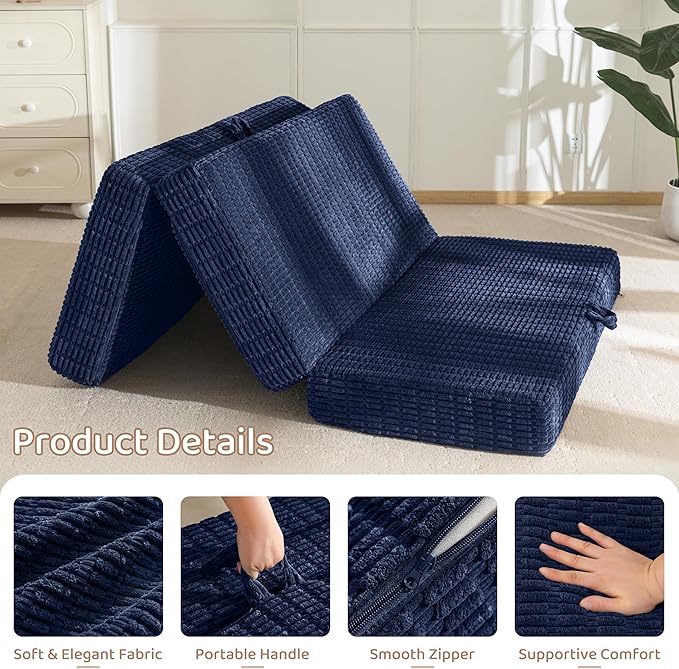 BYBYME Memory Foam Tri-Folding Mattress, 6 Inch Gel Folding Mattress Topper, Foldable Soft Guest Bed Camping Pad, with Washable Cover
