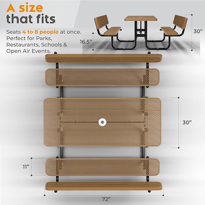 Metal Picnic Furniture for Outdoors with Umbrella Hole - Coated Steel Heavy Duty Commercial Grade Table with Adjustable Seats, Patio Set for a Lifetime (Brown, 6' Rectangular with Back)