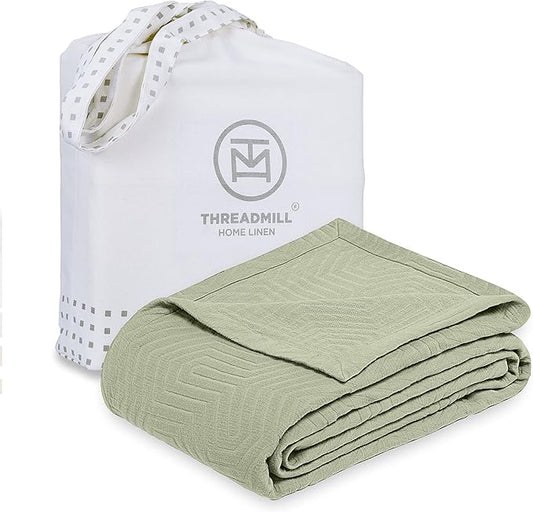 Threadmill Luxury Cotton Blankets for Queen Size Bed | All-Season 100% Cotton Queen Size Blanket | Aster Cozy Lightweight, Soft Breathable Coverlet fits Full Size Bed, 90x92 | Sage Green