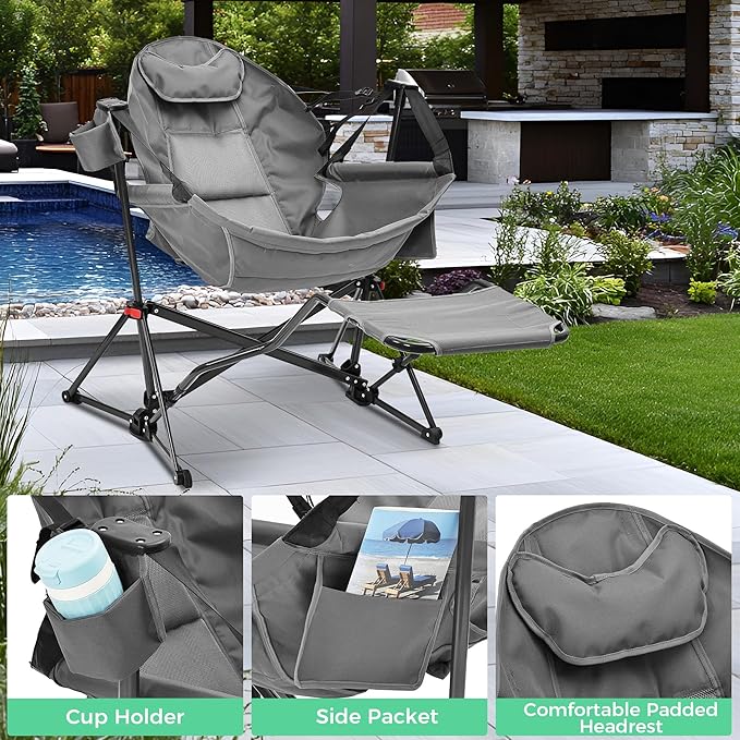 Ainfox Hammock Camping Chair with Footrest, Heavy Duty Foldable Portable Rocking Hammock Chairs Outside Swinging Camp with Cup Holder Pillow for Outdoor Patio Poolside Grey 2 Pack