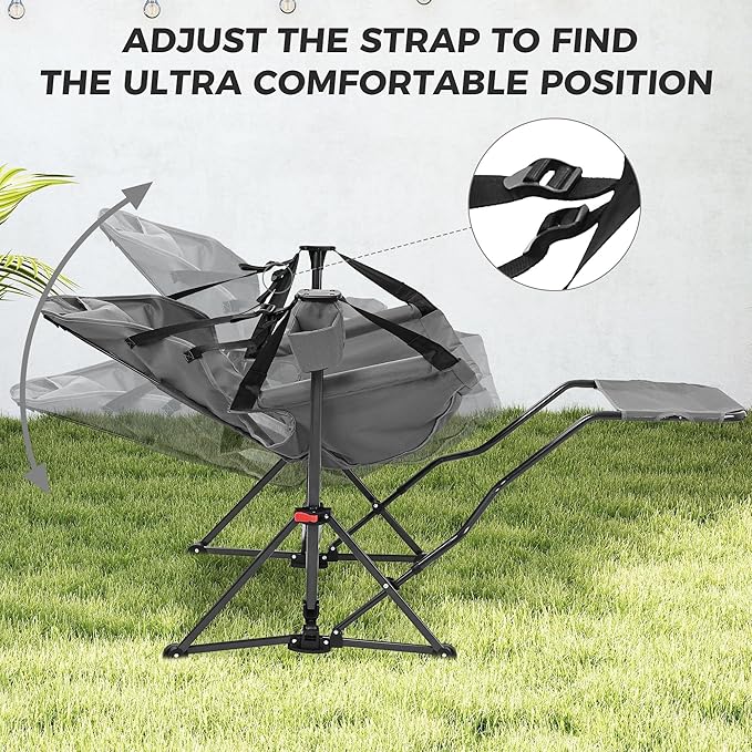 Ainfox Hammock Camping Chair with Footrest, Foldable Portable Rocking Chairs for Adults Outside Swinging Camp with Cup Holder Pillow for Outdoor Patio Poolside (Grey)