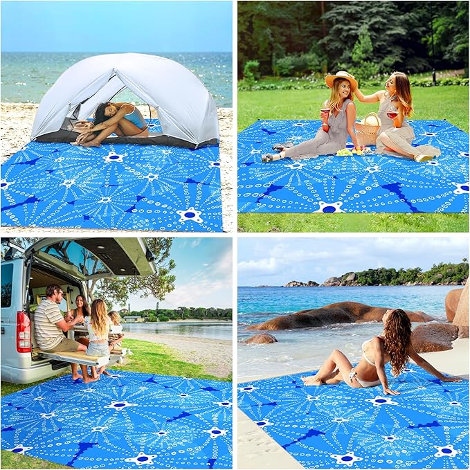 Beach Blanket, 78''×86'' Large Waterproof Sandproof Beach Mat for 2-4 Adults, Lightweight Compact Sand Free Outdoor Picnic Blanket with 4 Stakes & 4 Corner Pockets