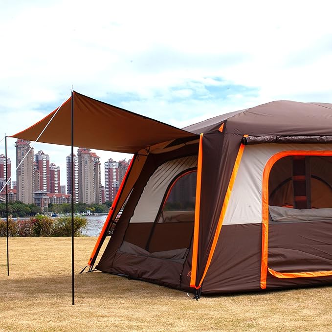 KTT Extra Large Tent 6-10-12-14 Person(Style-B),Family Cabin Tents,2 Rooms,3 Doors and 3 Windows with Mesh,Straight Wall,Waterproof,Double Layer,Big Tent for Outdoor,Picnic,Camping,Family Gathering