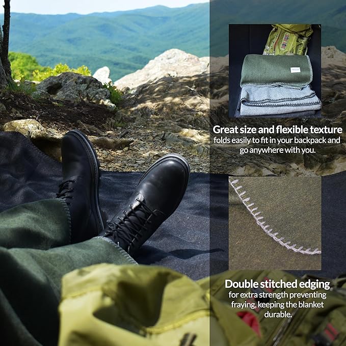 Military Style Wool Blanket – Cushioned, Breathable, Durable, Warm & Washable – Double-Stitched Border– Great for Camping, Outdoor, First Aid, Travel, Car, Fire-Resistant – 64"x90" 4.5lb (Olive Green)