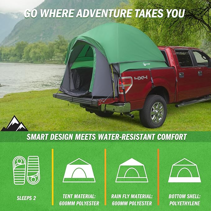 Truck Bed Tent - Water-Resistant Vented Camper Shell - Fits 5.5 to 6ft Truck Bed - 2 Person Camping Tent with Carry Bag by Wakeman Outdoors