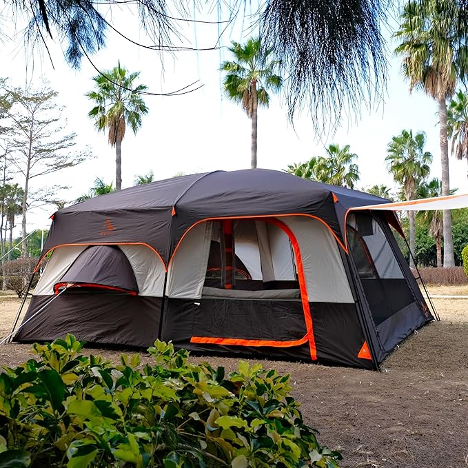 KTT Extra Large Tent 12 Person,Family Cabin Tents,Full Rainfly,2 Bay-Windows,2 Rooms and 3 Doors 3 Windows with Mesh,Waterproof,Straight Wall,Double Layer,Big Tent for Outdoor,Picnic,Camping