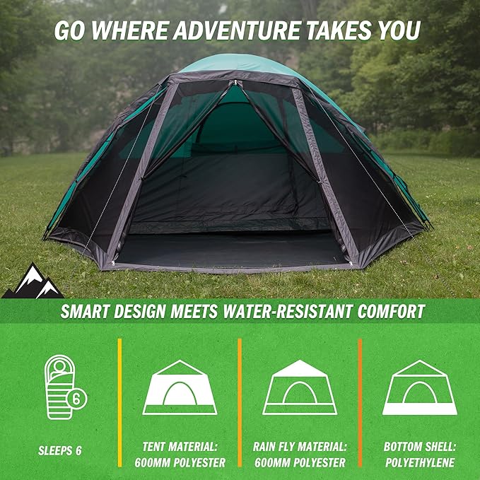Camping Tent - Water-Resistant Cabin Style Outdoor Shelter with Built-in Screen Tent and Carrying Bag by Wakeman Outdoors