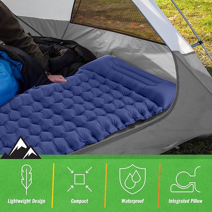 Sleeping Pad for Camping - Inflatable Mat with Built-in Foot Pump - Waterproof Camp Mattress - Camping Gear Must Haves by Wakeman Outdoors (Blue)