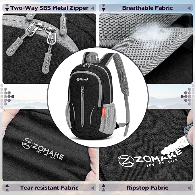 ZOMAKE Ultra Lightweight Packable Backpack 10L,Small Foldable Backpacks Hiking Water Resistant Collapsible Daypack for Women Men(Black-C1)