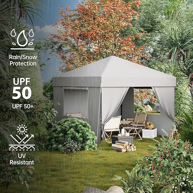 10X10 Pop Up Canopy Tent with 4 Sidewalls, Heavy Duty Commercial Instant Shelter, One-Person Quick Setup Outdoor Party Tent, Water-Resistant & Portable for Outdoor Events, Camping, White