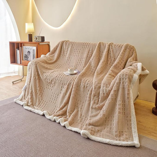 UKELER Sherpa Bed Blanket 80 × 90 inch, Ultra Soft Queen Size Throw Blankets for All Season, Cozy Plush Checkered Fleece Blanket for Bedroom Living Room Dorm Hostel Sofa Camping, Camel