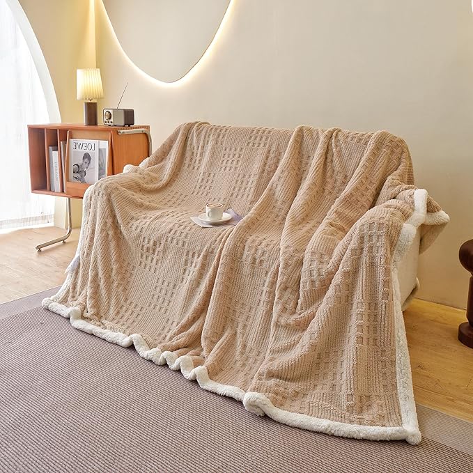 UKELER Sherpa Fleece Blanket 60 × 80 inch, Ultra Soft Twin Size Throw Blankets for All Season, Cozy Plush Plaid Blanket for Bed Couch Sofa Office Camping, Camel