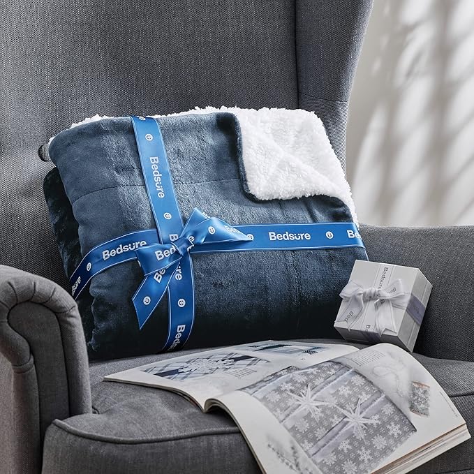 Bedsure GentleSoft Sherpa Fleece Throw Blanket for Couch - Thick and Warm, Soft Fuzzy Plush Throw Blanket for Winter, Slate Blue, 50x60 Inches
