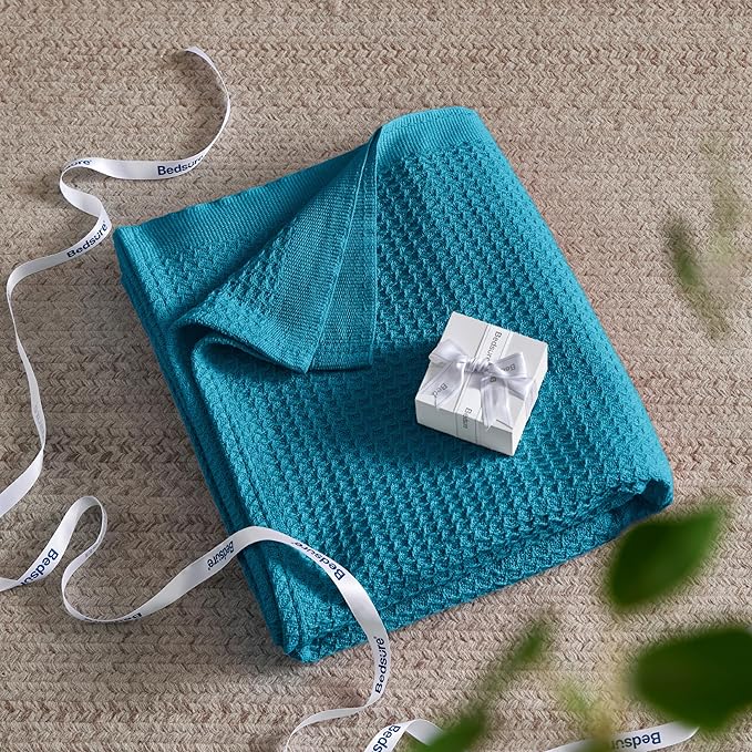 Bedsure Gentlesoft 100% Cotton Blanket King Size for Bed - Breathable and Soft, Waffle Weave Blanket for Summer, Thick Cozy Fall Blankets for Women Gift, Teal, 104x90 inches