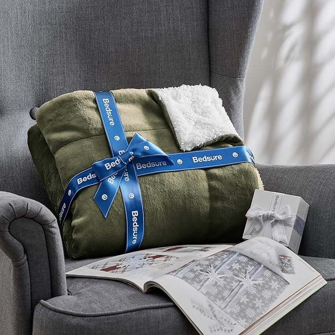 Bedsure GentleSoft Sherpa Fleece Blankets Queen Size for Bed - Thick and Warm, Soft Fuzzy Plush Queen Blanket for Winter, Olive Green, 90x90 Inches