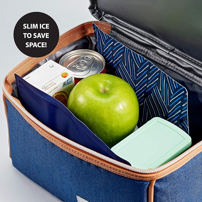 Cool Coolers by Fit & Fresh 2 Pack Soft Ice, Flexible Stretch Nylon Reusable Ice Packs for Lunch Boxes & Coolers, Navy Sketch Weave & Blue