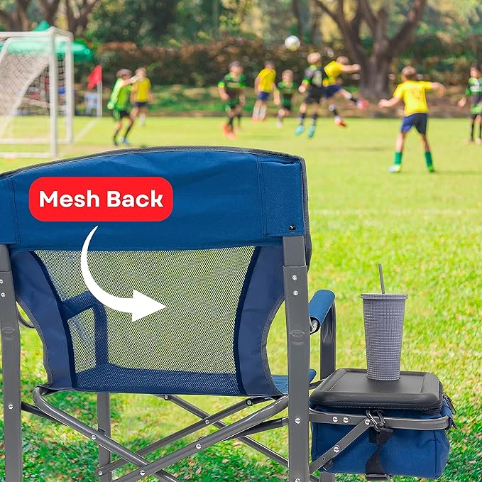 RMS XXL Extra Wide Folding Director Chair – Supports 600lbs Weight - Heavy Duty for Camping, Home Patio and Sports - Portable and Collapsible with Side Table, Cooler and Carrying Bag - Blue