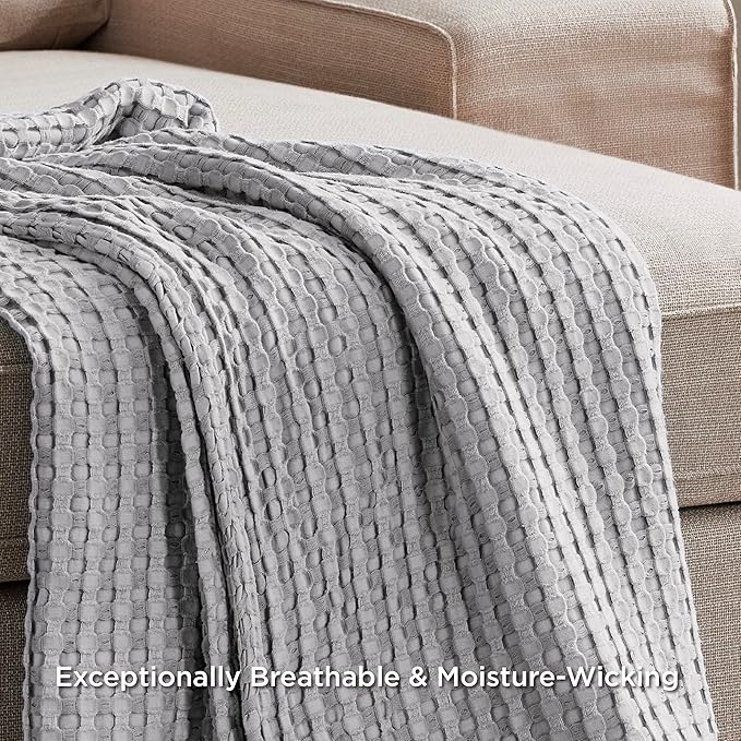 Bedsure Cooling Cotton Waffle Full Size Blanket - Lightweight Breathable Blanket of Rayon Derived from Bamboo for Hot Sleepers, Luxury Throws for Bed, Couch and Sofa, Grey, 80x90 Inches