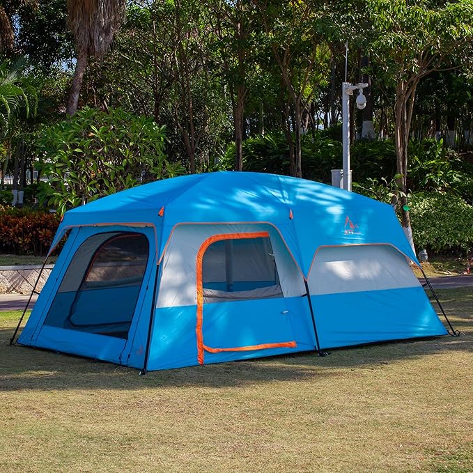 KTT Extra Large Tent 6-10-12-14 Person(Style-B),Family Cabin Tents,2 Rooms,3 Doors and 3 Windows with Mesh,Straight Wall,Waterproof,Double Layer,Big Tent for Outdoor,Picnic,Camping,Family Gathering