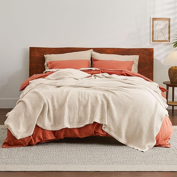 Bedsure Gentlesoft 100% Cotton Blanket King Size for Bed - Breathable and Soft, Waffle Weave Blanket for Summer, Thick Cozy Fall Blankets for Women Gift, Yellowish Cream, 104x90 inches