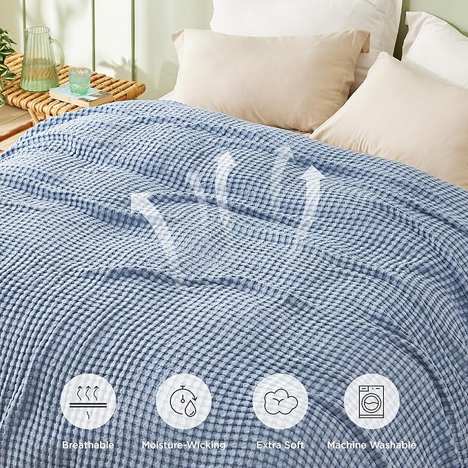 Bedsure Cooling Cotton Waffle Full Size Blanket - Lightweight Breathable Blanket of Rayon Derived from Bamboo for Hot Sleepers, Luxury Throws for Bed, Couch and Sofa, Fog Blue, 80x90 Inches