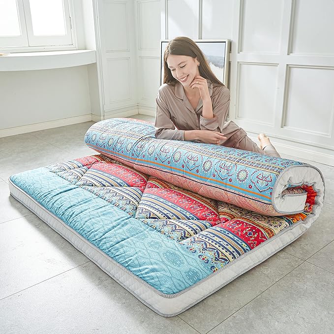 Japanese Floor Mattress Futon - Thicken Foldable & Portable Roll-up Camping Mattress, Bohemia Red Full