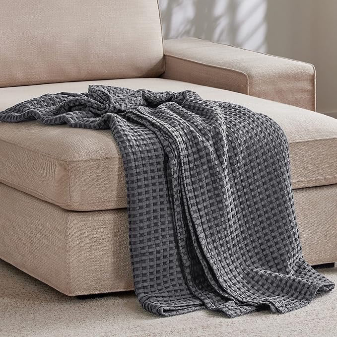 Bedsure Cooling Cotton Waffle Twin XL Blanket - Lightweight Breathable Blanket of Rayon Derived from Bamboo for Hot Sleepers, Luxury Throws for Bed, Couch and Sofa, Dark Grey, 66x90 Inches