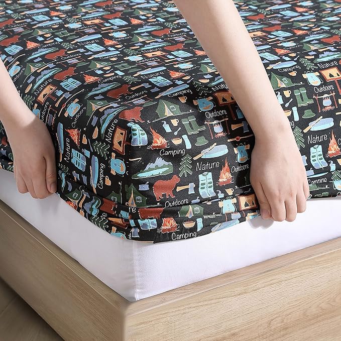 The Lakeside Collection Campsite 3-Piece Sheet Set with Retro Camping Print - Twin