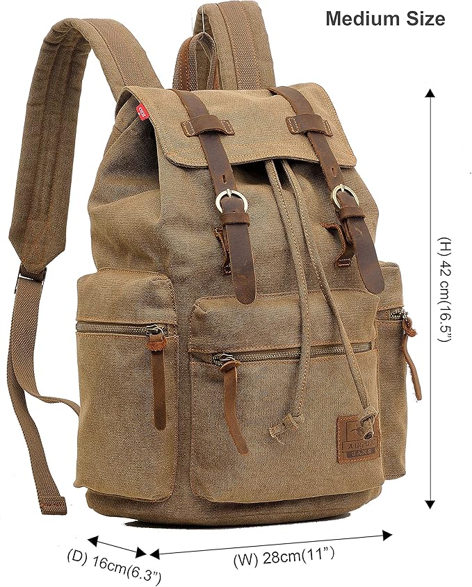 HuaChen Vintage Canvas Travel Backpack with Leather Trim, Laptop Padded Sleeve, Hidden Back Security Pocket, Fits 14-Inch, M32 Brown