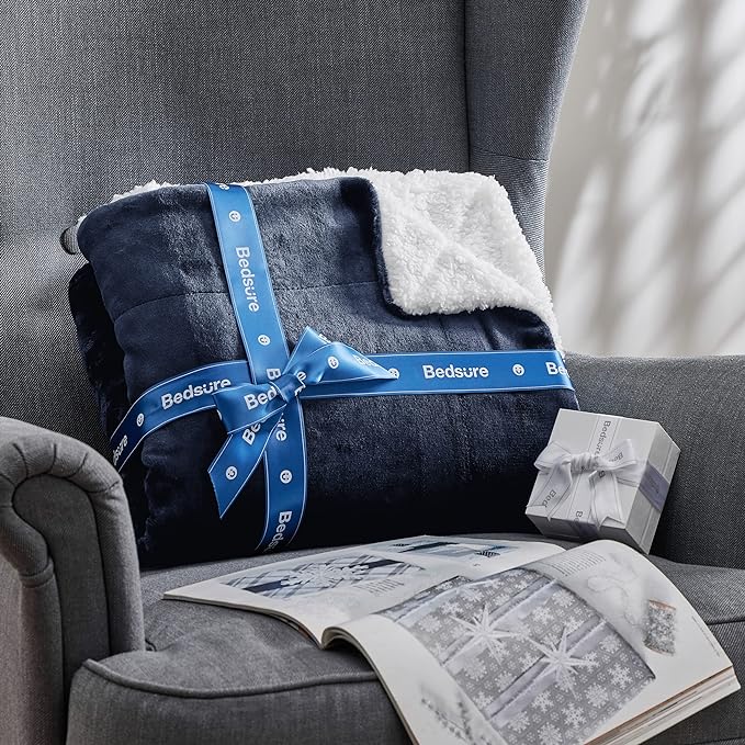 Bedsure GentleSoft Sherpa Fleece Blankets Queen Size for Bed - Thick and Warm, Soft Fuzzy Plush Queen Blanket for Winter, Navy, 90x90 Inches