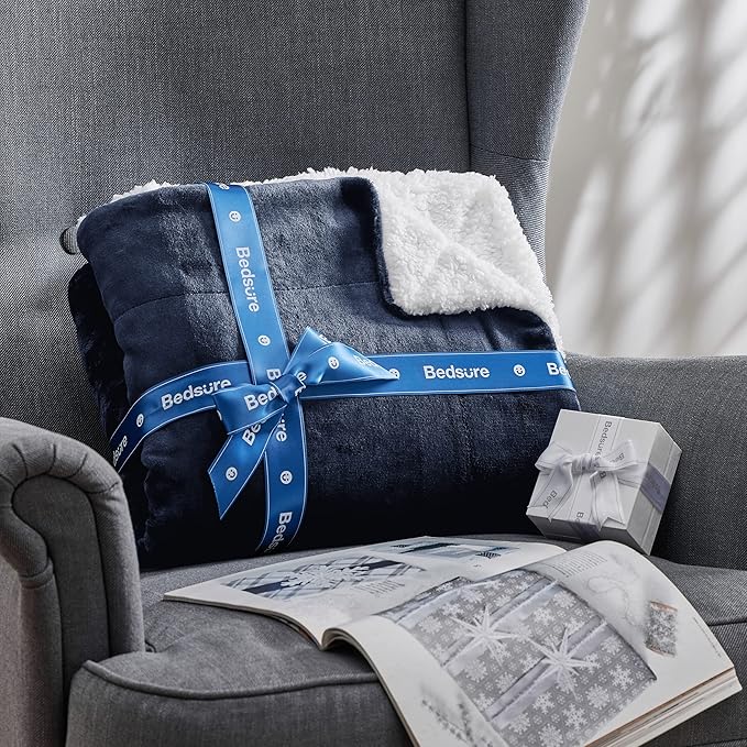 Bedsure GentleSoft Sherpa Fleece Throw Blanket Twin Size for Couch - Thick and Warm, Soft Fuzzy Plush Twin Blanket for Winter, Navy, 60x80 Inches