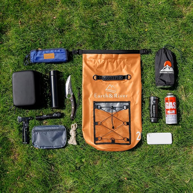 EARTH&RIVER Premium Dry Bag Backpack, Extra Thick, Protection for All Water Activities & Camping, Floating Lightweight Dry Bag with Inside Pocket Storage & IPX8 Waterproof Phone Case (Orange, 20L)